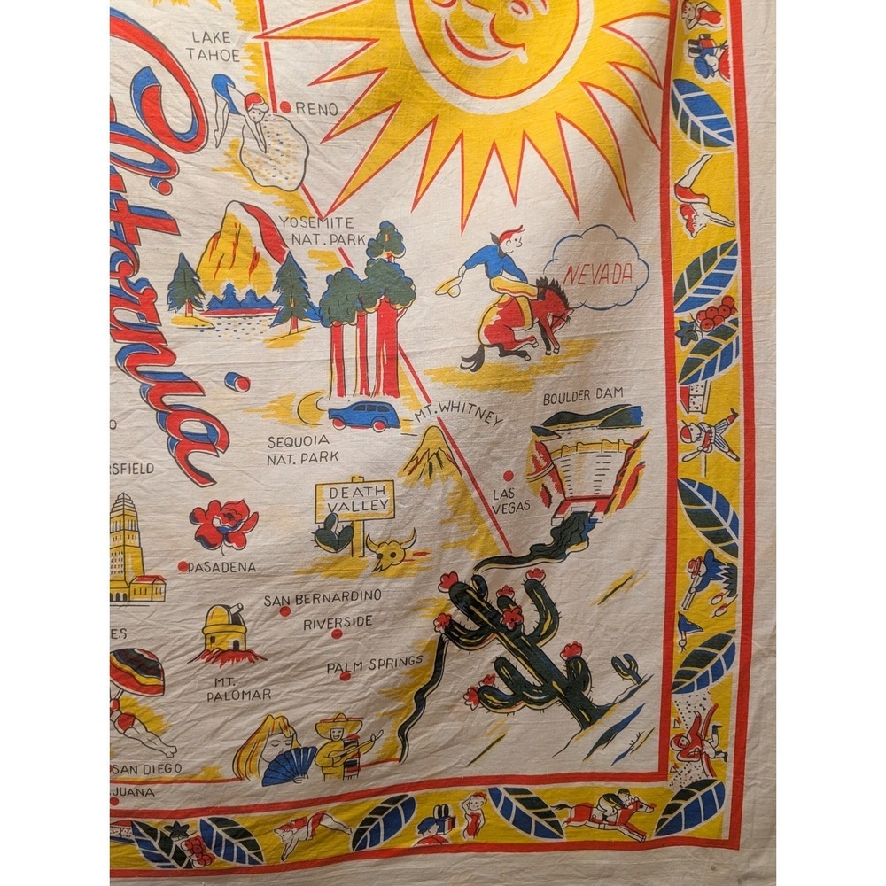 Vintage California Map Souvenir Linen Tablecloth Bandana‎ Tourist Kitsch - Picture 8 of 11